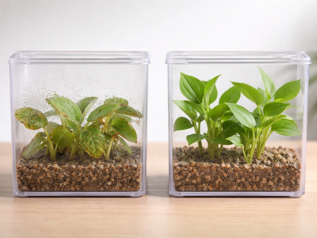 Two simple terrarium-style setups: one with browning mushy leaves and one with healthier green leaves.
