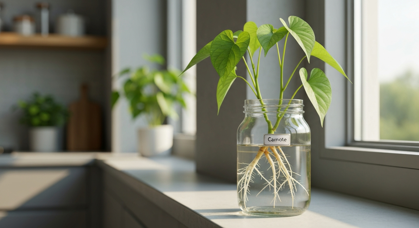 Glass jar on a windowsill with camote (sweet potato) vine cuttings; roots visible in the water and healthy green leaves above.