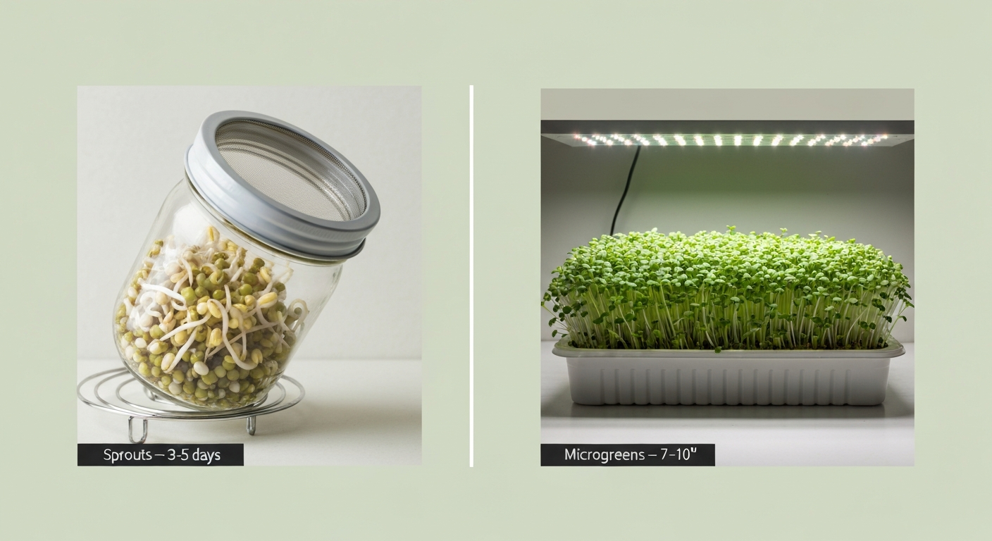 Side-by-side photo: mason jar of mung bean sprouts (3–5 days) and tray of mung bean microgreens (7–10 days) under LED light.