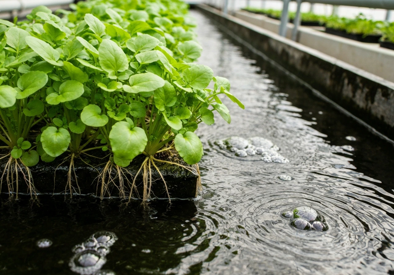Healthy watercress thriving on a floating raft in an aquaponics channel with flowing water over roots.