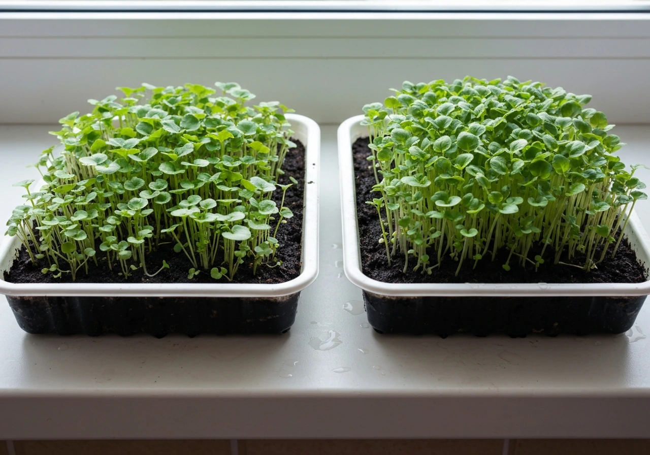 Two small trays of young watercress showing cut-leaf harvesting style and fuller mature growth