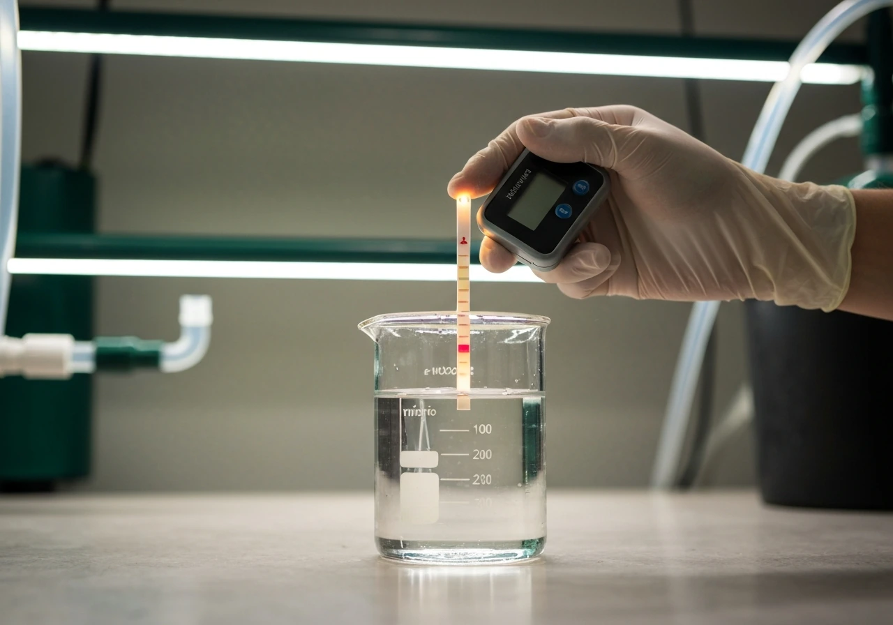 Close-up of water testing for water quality, with test strip and handheld meter over aquarium water.