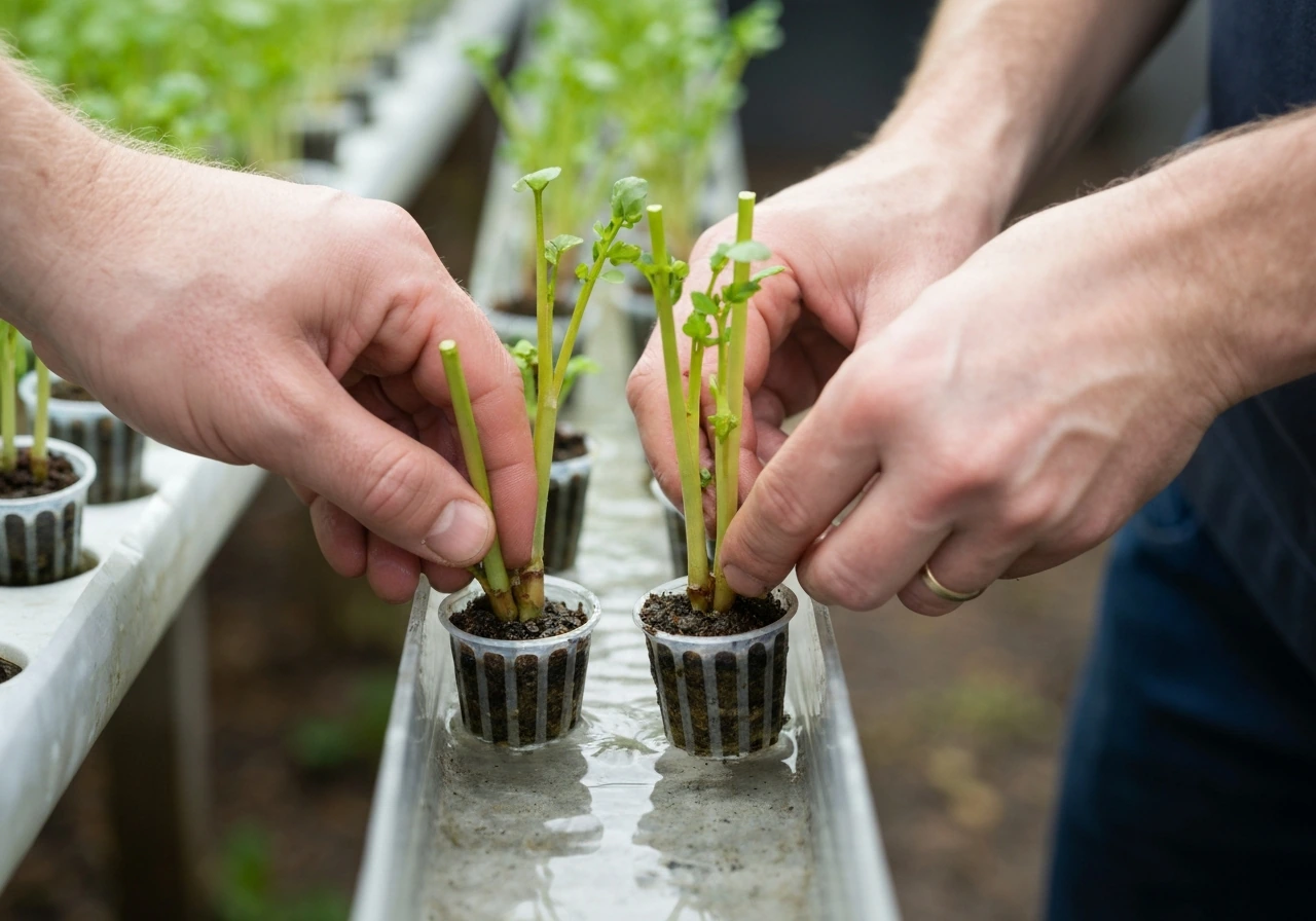 Close-up of hands placing 4–6 inch watercress stem cuttings into net cups over a shallow growing channel