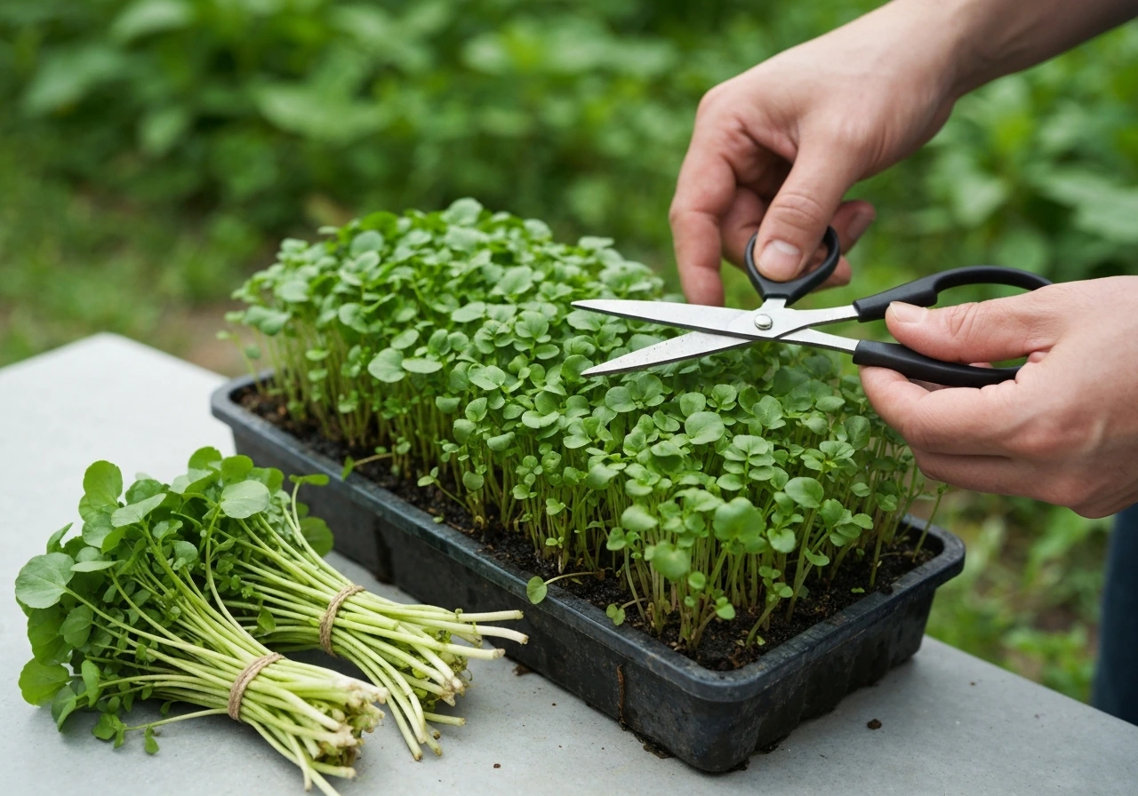 Gardener’s hands harvesting watercress, showing fresh cut bunches and new green regrowth ready to keep producing
