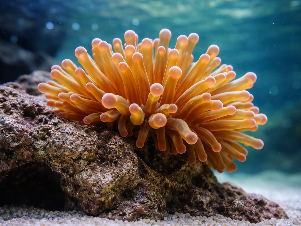 Healthy bubble-tip sea anemone anchored on live rock in a saltwater aquarium under natural blue light.