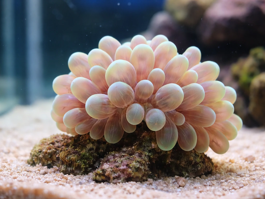 Bubble-tip sea anemone on live rock inside a home aquarium, softly blurred background, no text.