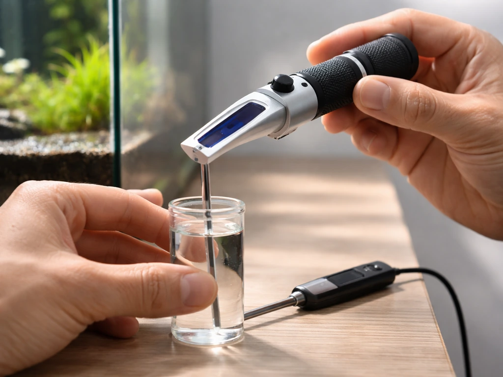 Close-up of a person using a refractometer and thermometer to check aquarium water temperature and salinity.