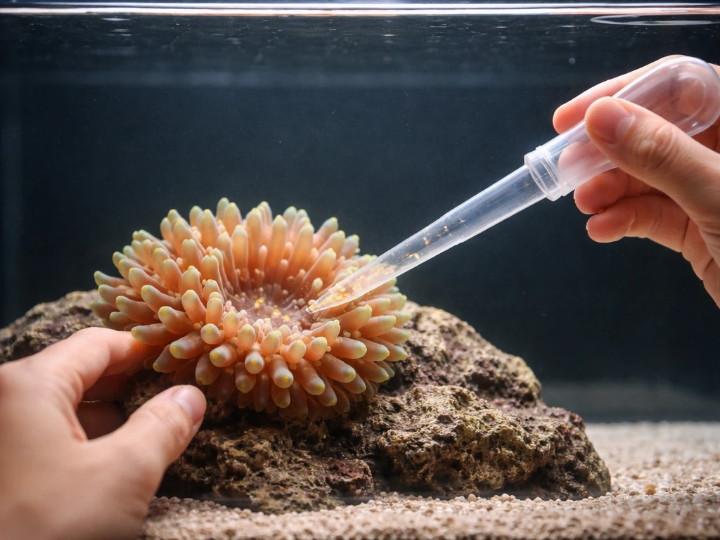 Hands use a turkey baster to feed a bubble-tip anemone in a home aquarium, powerheads off.