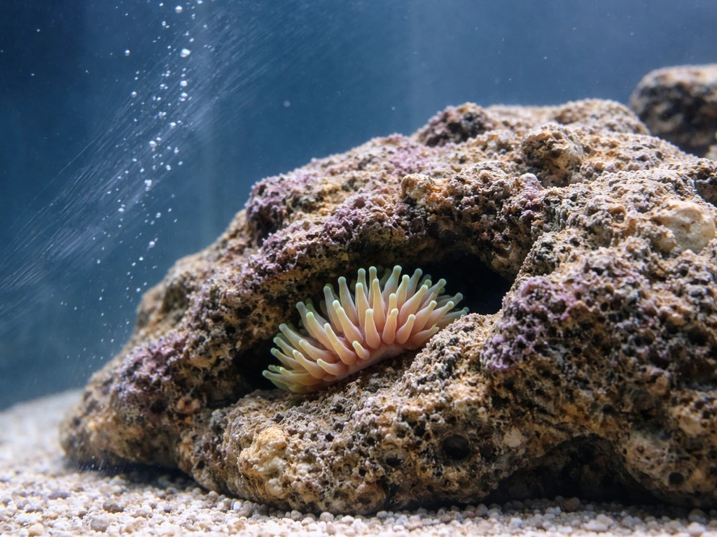 Close-up of a rock anemone in a reef tank, with gentle water flow bubbles near its chosen spot.