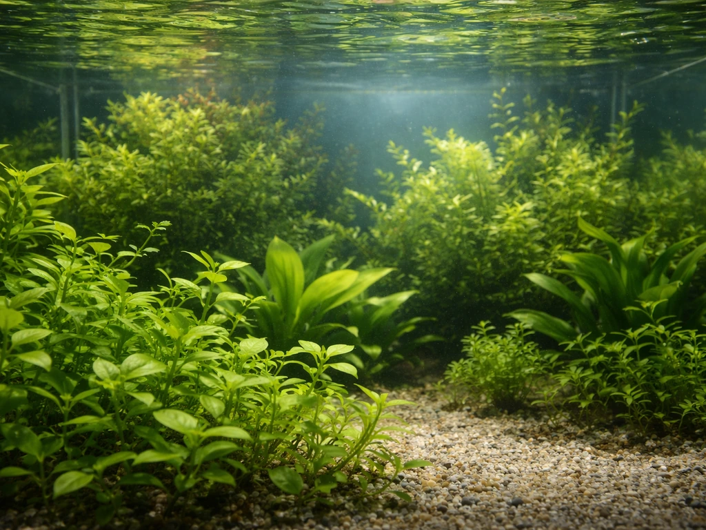 Established planted fish tank with healthy foreground stems, midground rosettes, and lush background growth.