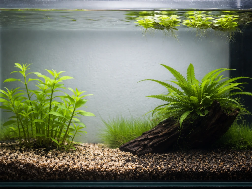 Aquarium tank with rooted plants in substrate, floating plants on surface, and attached plants on driftwood.
