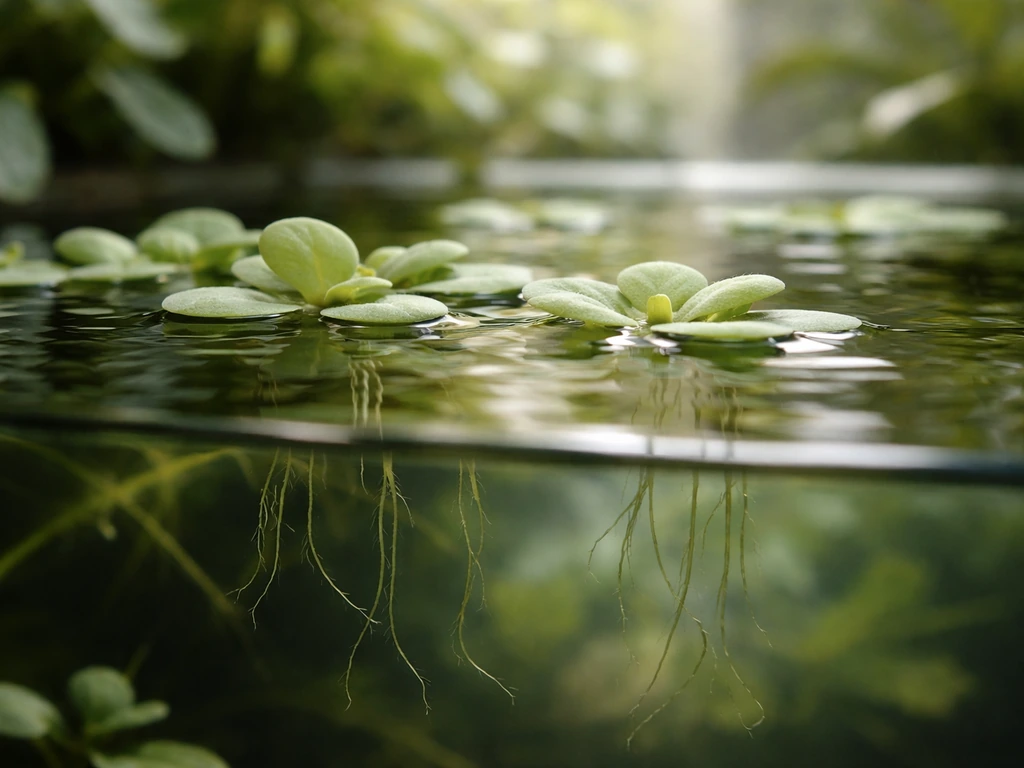Aquarium water surface with floating plant leaves and dangling roots beneath the surface.