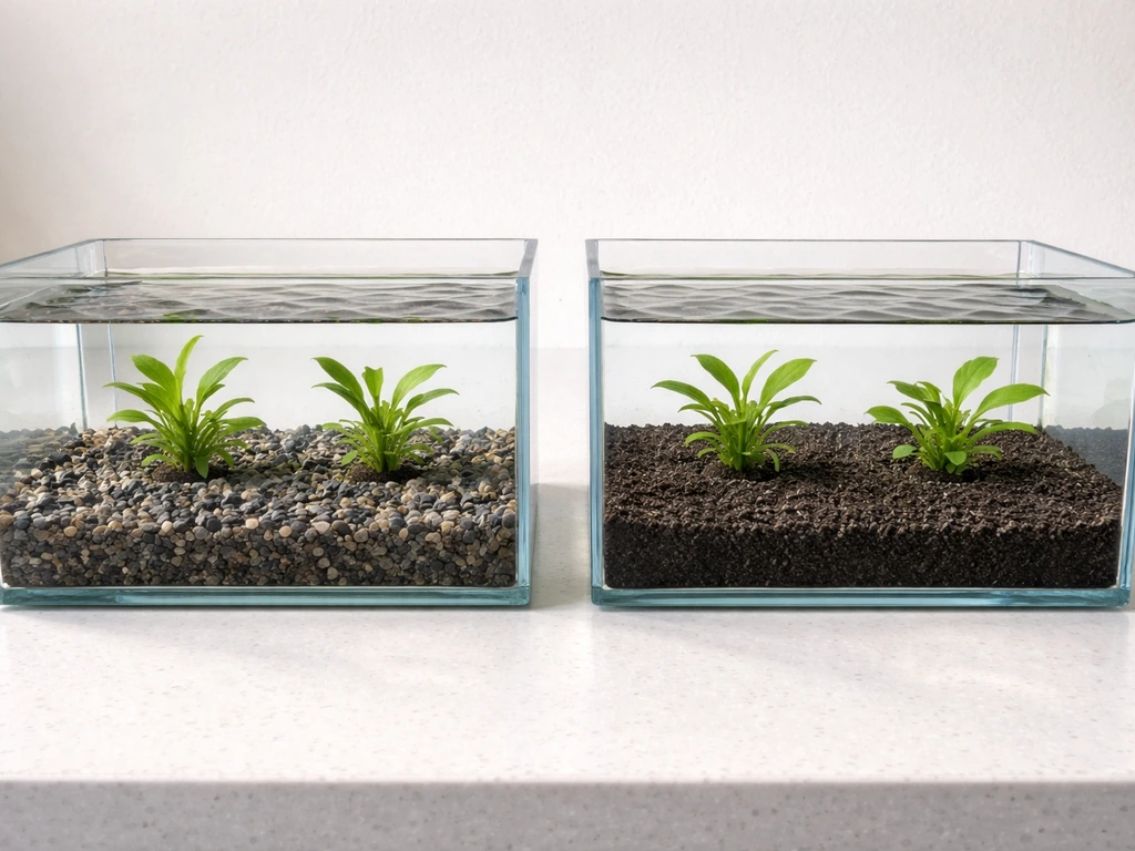 Two side-by-side aquarium trays showing plain gravel vs planted tank substrate beneath rooted aquatic plants.