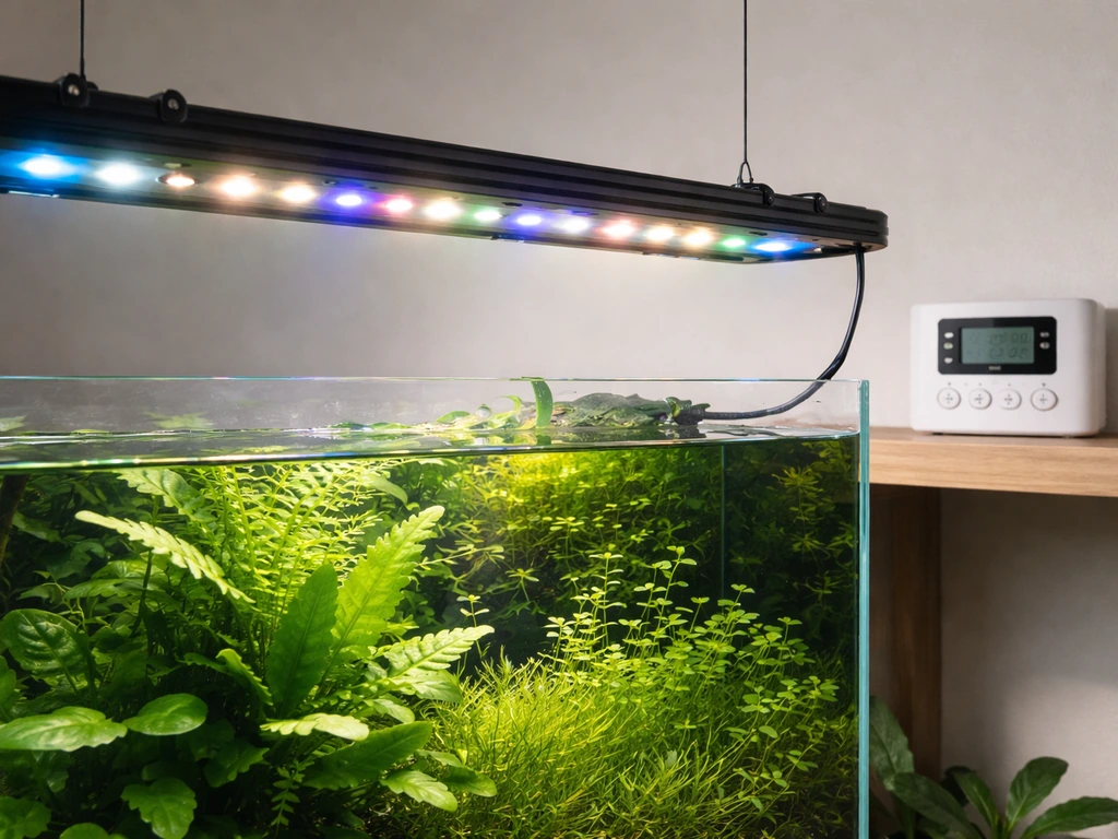 Full-spectrum aquarium LED light over a planted tank, with a visible timer/controller nearby.