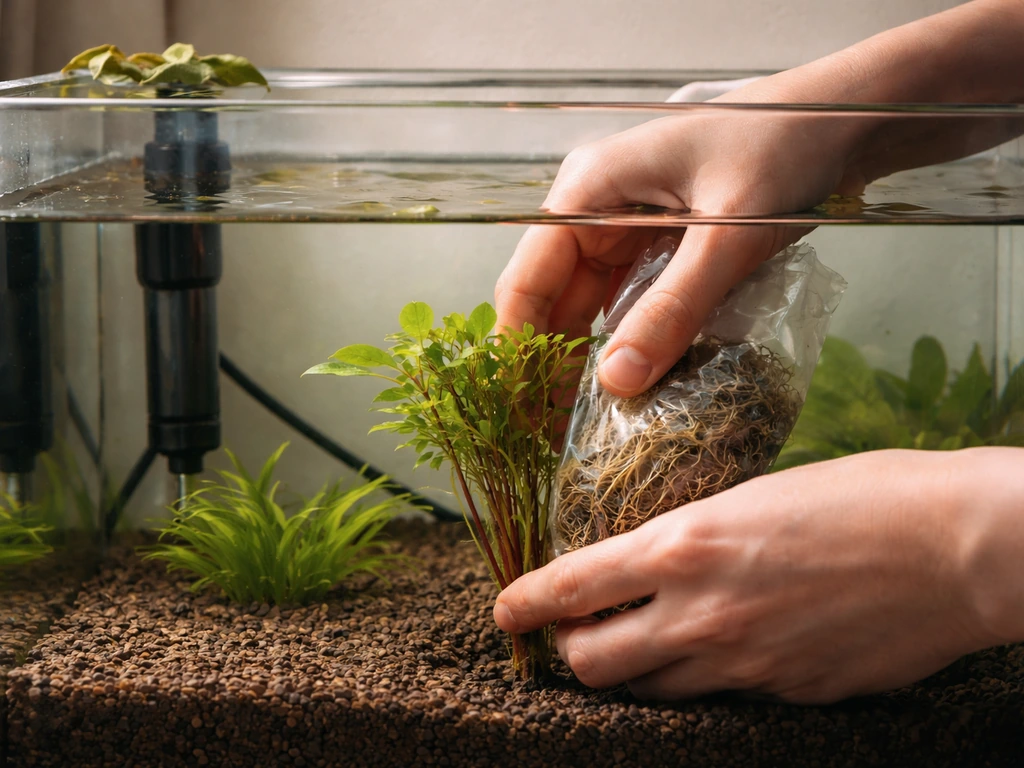 Hands placing aquatic plants into a home aquarium, with trimmed leaves beside a small plastic bag