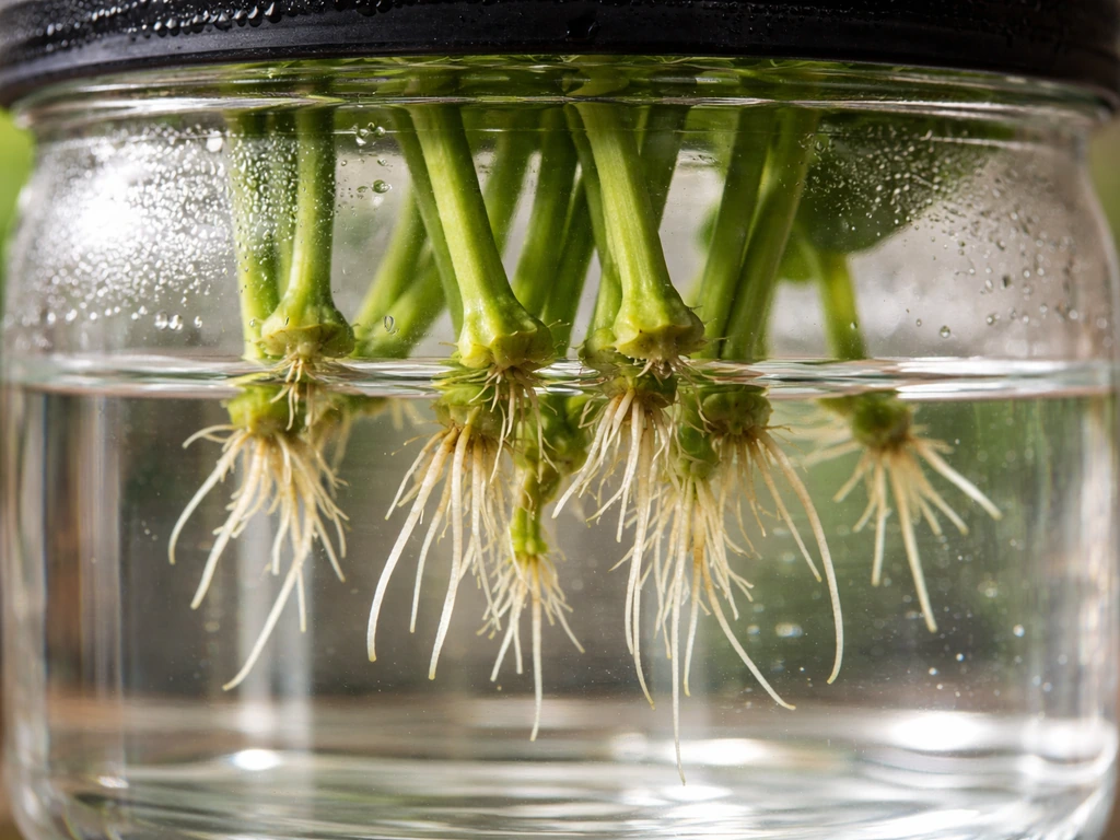 Fresh gotu kola cuttings rooting in clear water in a dark-lid container, close-up view
