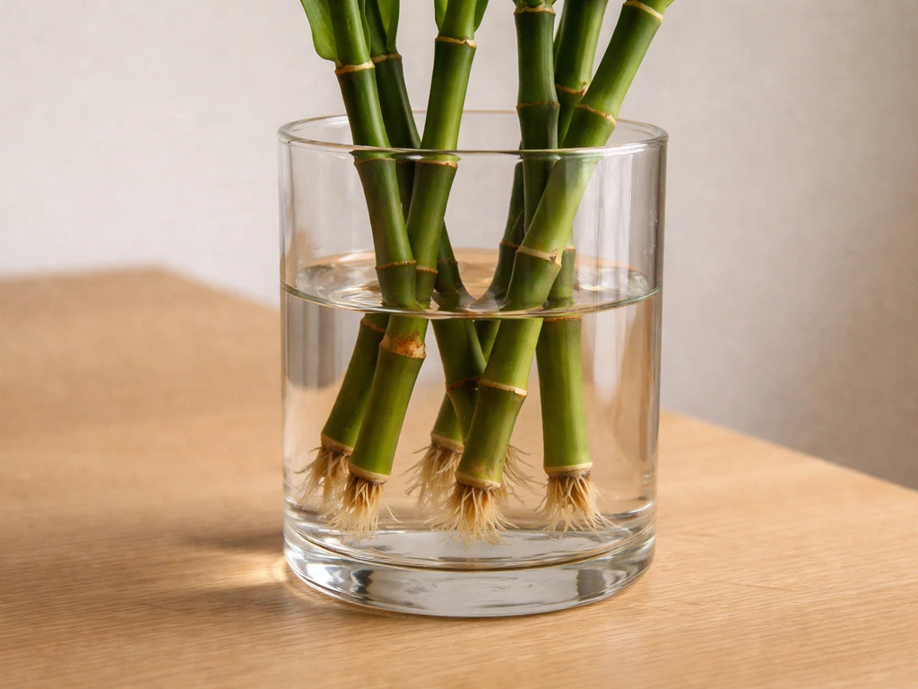 Lucky bamboo cuttings with nodes submerged in shallow water, with roots just starting in a clear vase.