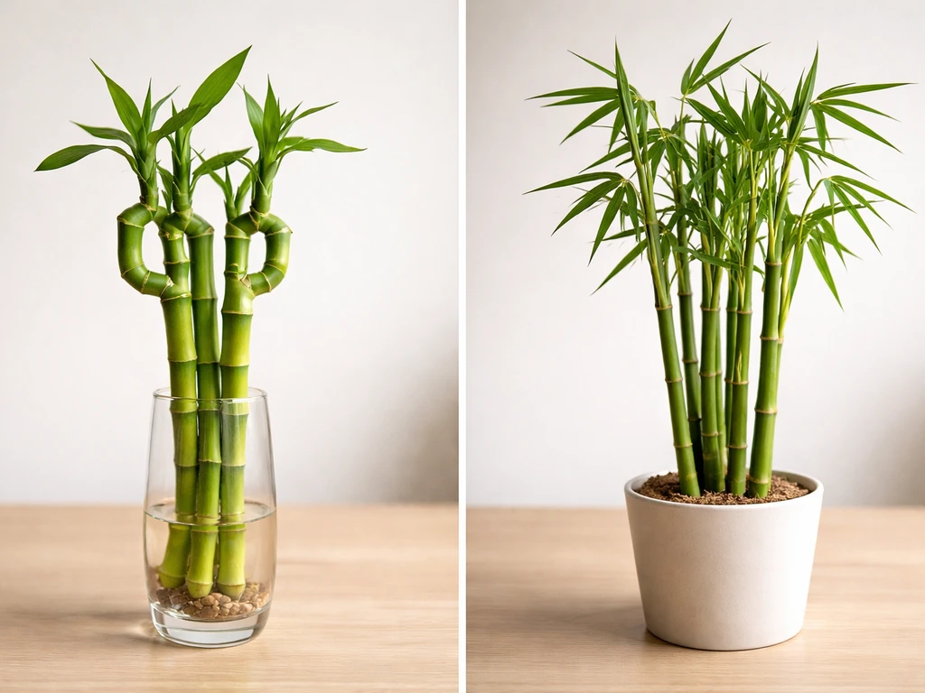 Side-by-side lucky bamboo in water vase and a clump of true bamboo stems in a small pot.