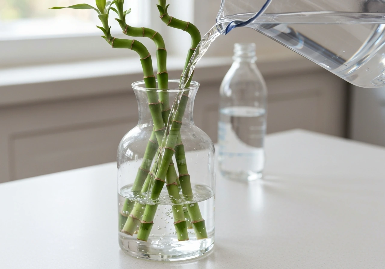 Filtered water is poured into a vase holding lucky bamboo, creating a controlled water level.