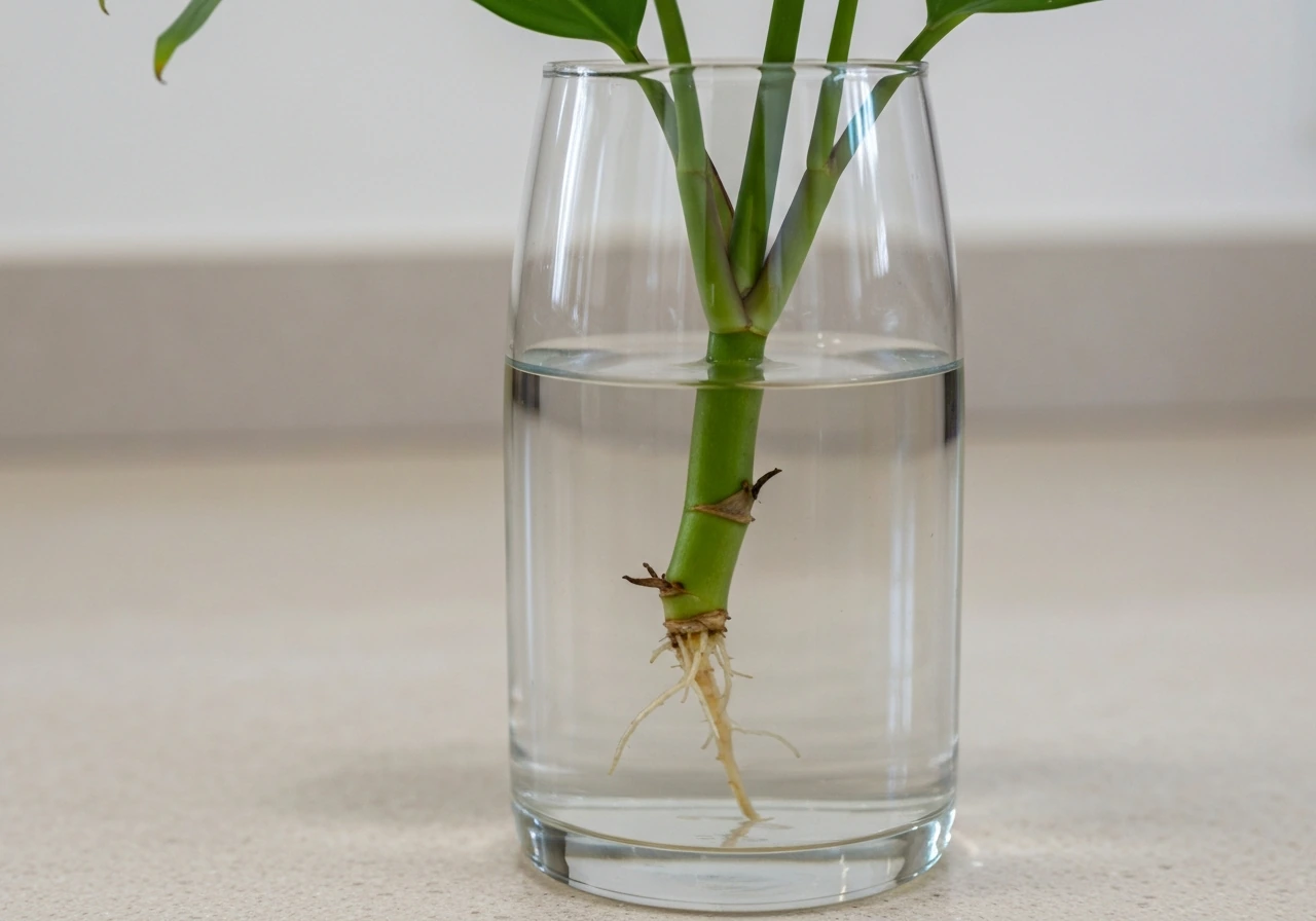 Close-up of a fresh plant cutting in a small glass vase, one node submerged in shallow water.
