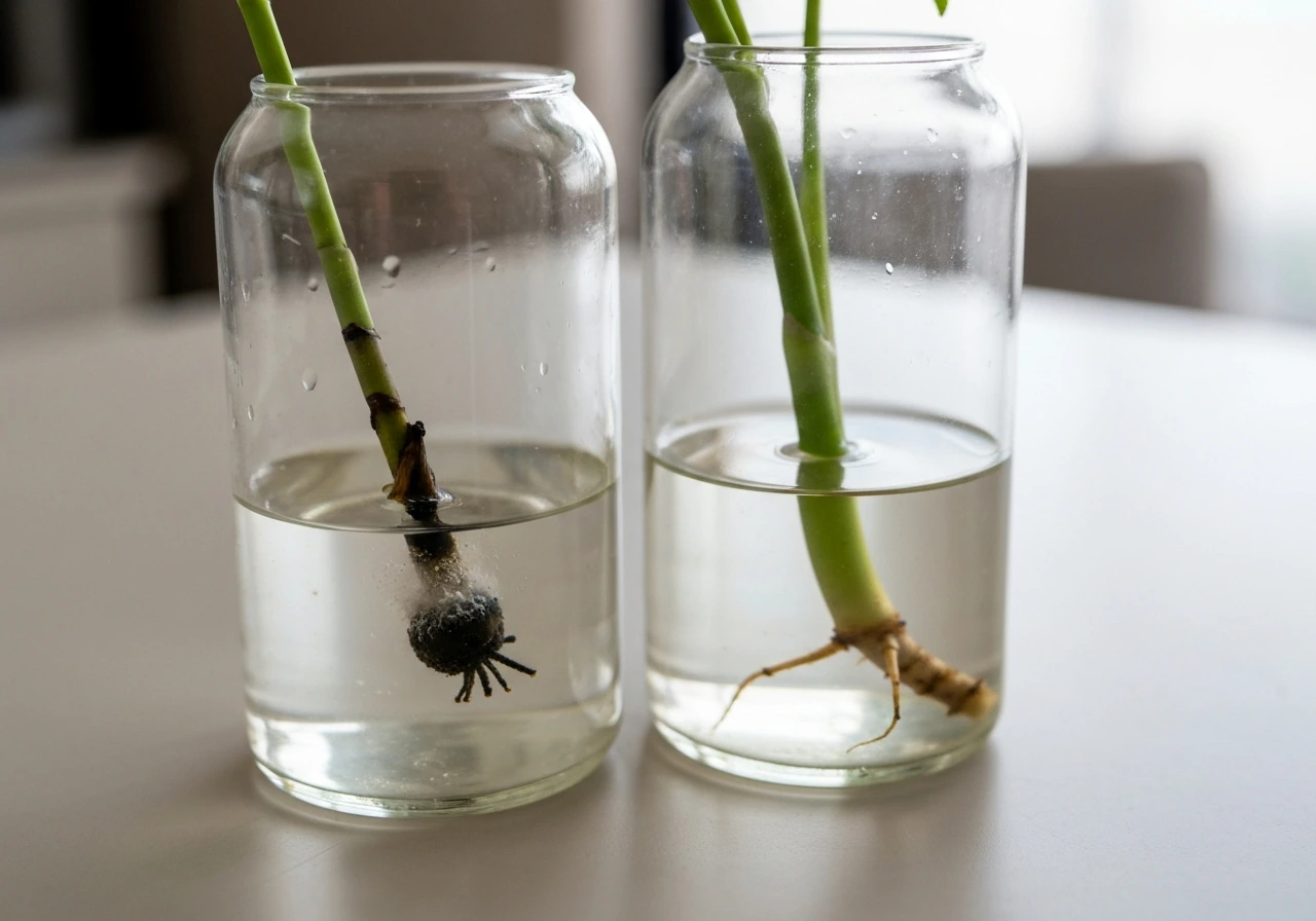 Close-up of two plant cuttings in water: one has a blackened, mushy base near the surface; the other looks healthy.
