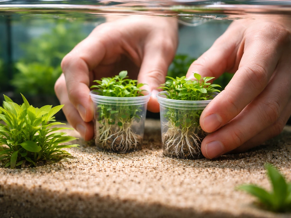 Hands plant tissue-culture aquarium plant cups into substrate; agar cups and roots are visible.