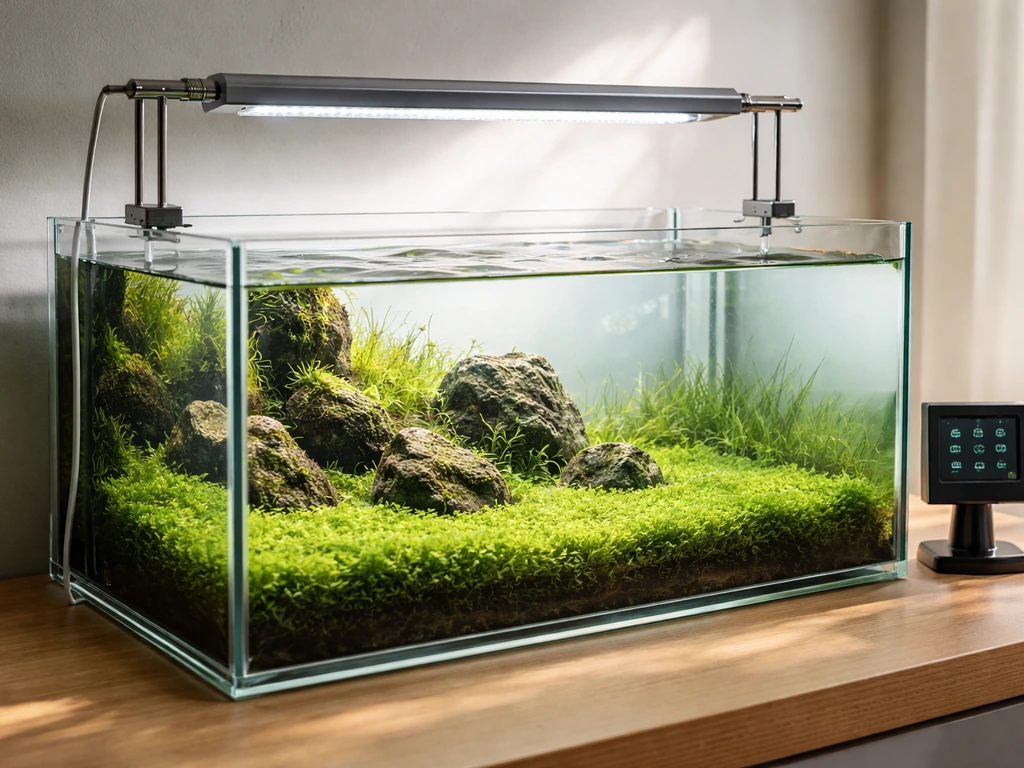 Aquarium LED light fixture above a planted tank with adjustable lighting setup and a small control display device.