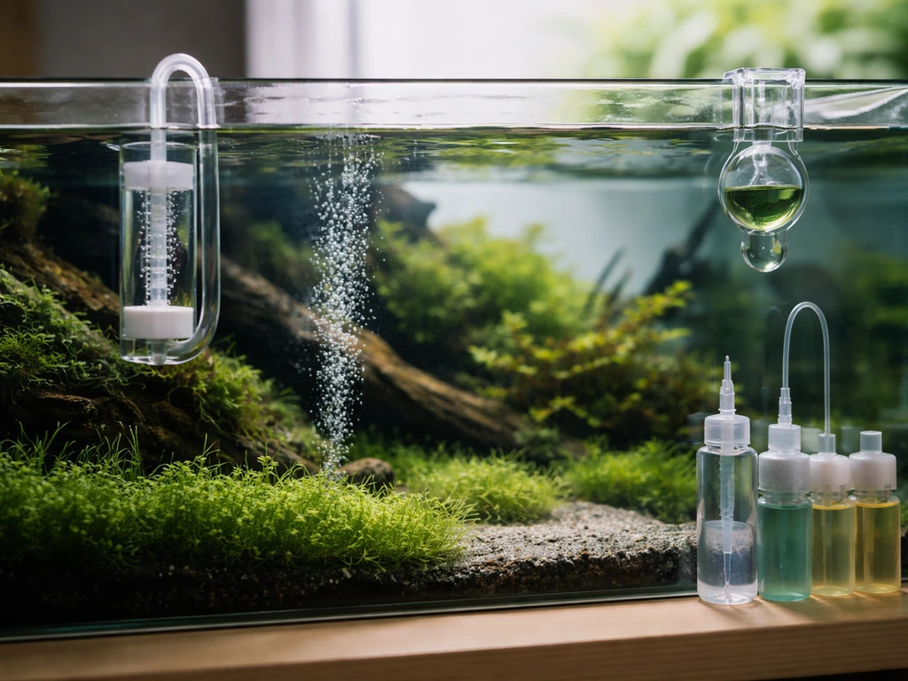 Aquarium tank with CO2 diffuser releasing bubbles and an inline drop checker beside liquid fertilizer dosing setup.