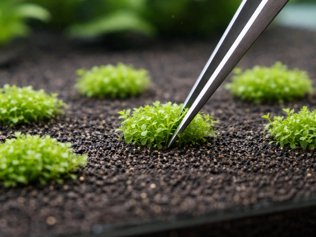 Tweezers placing small carpeting plant plugs evenly spaced on aquarium substrate, close-up view.