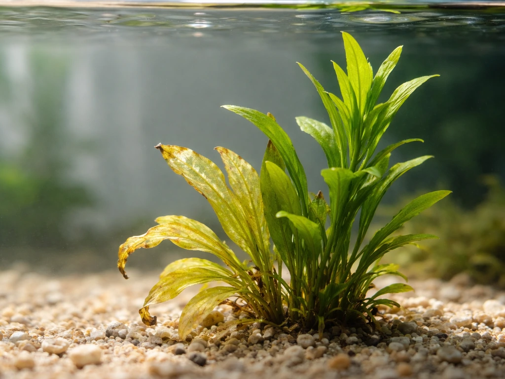 Aquarium with a single plant showing yellow melting leaves and nearby trimmed regrowth in clear water.
