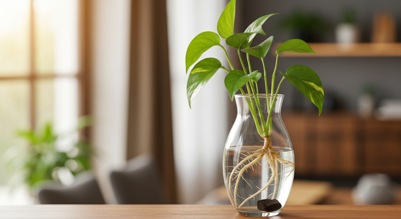Healthy pothos cutting with visible white roots growing in a clear glass vase on a windowsill.