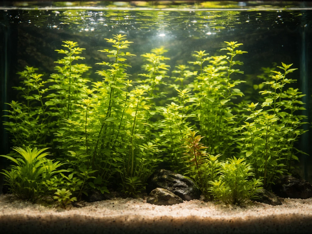 Front view of a clear aquarium with dense, healthy stem plants growing upward with good spacing.