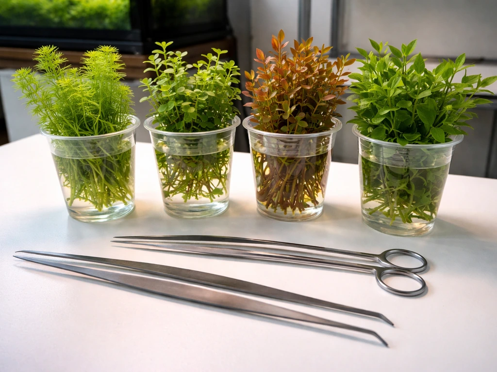 Aquarium stem plants in cups on a workbench under natural light.