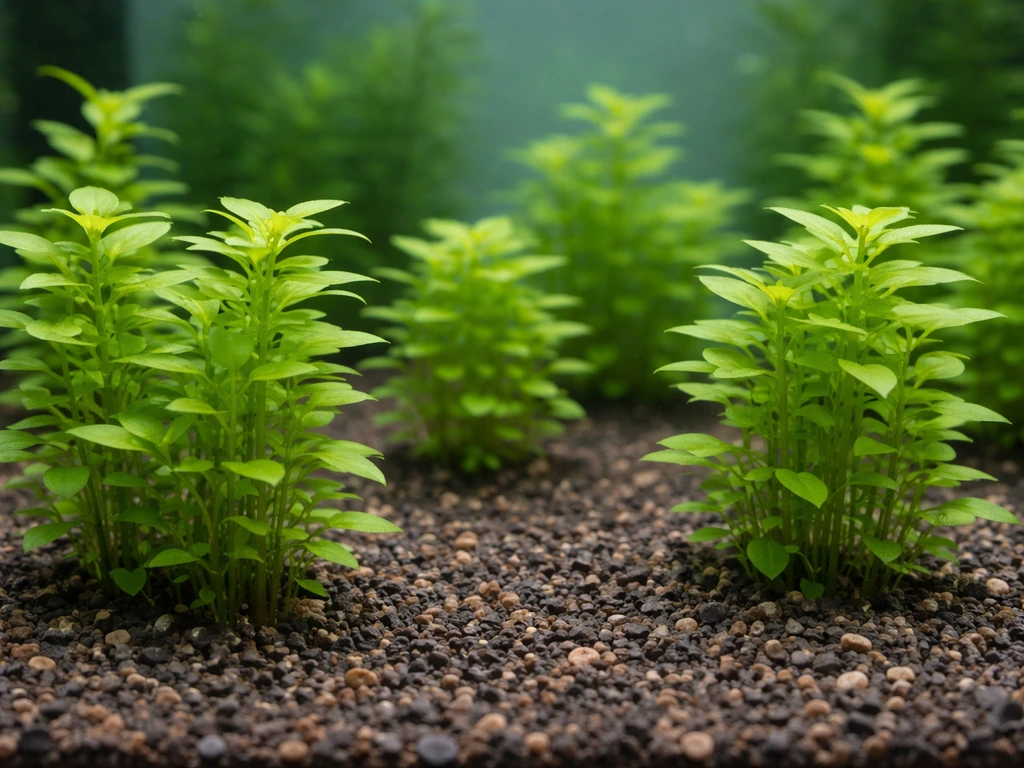 Close-up of aquarium stem plants in clustered groups with clear spacing in mid-background