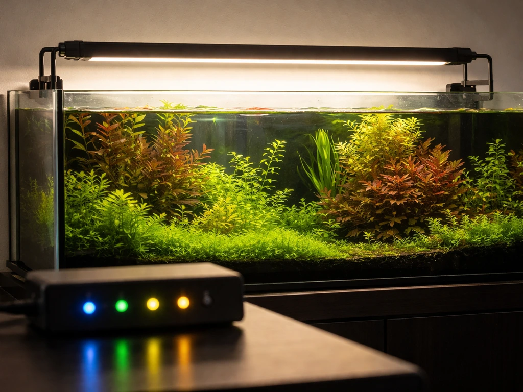 Aquarium LED light fixture over a planted tank with a timer controller showing indicator lights.
