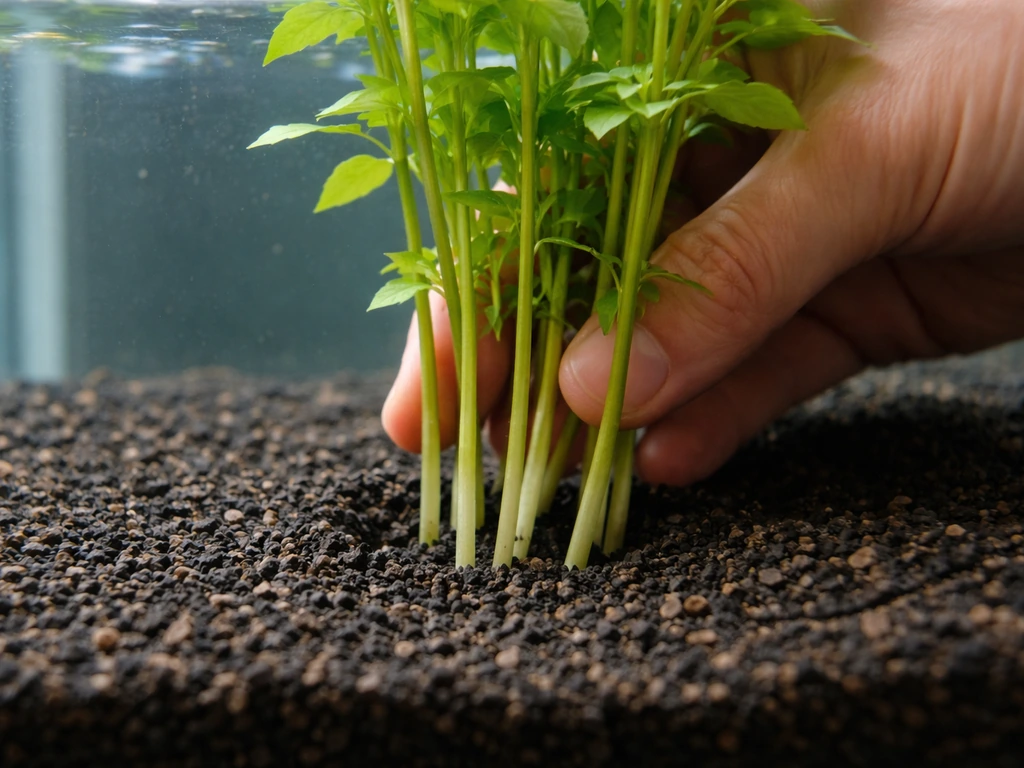 Bare aquarium plant stems being inserted into substrate with bottom leaves removed