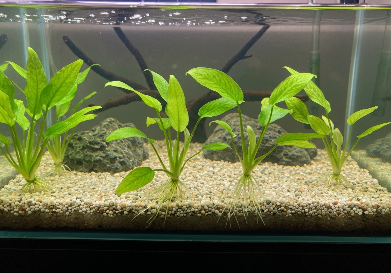 Close view of a planted aquarium with Cryptocoryne rhizomes anchored above substrate, healthy green leaves