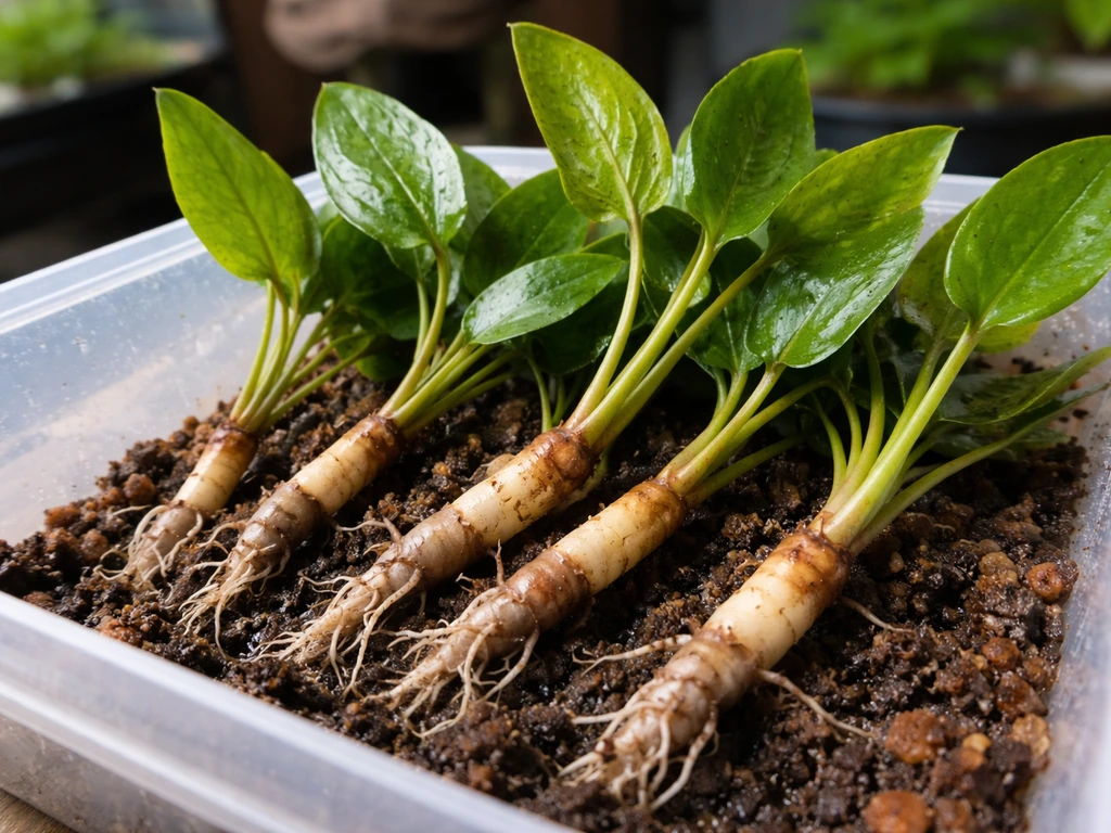 Close-up of healthy Cryptocoryne rhizomes with attached leaves in a damp container, ready to plant.