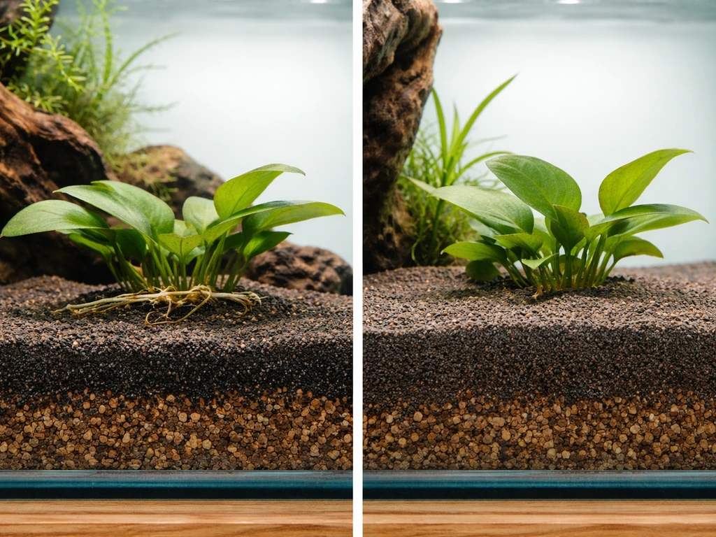 Aquarium tank with two substrate areas showing rhizome correctly lightly covered vs incorrectly buried.