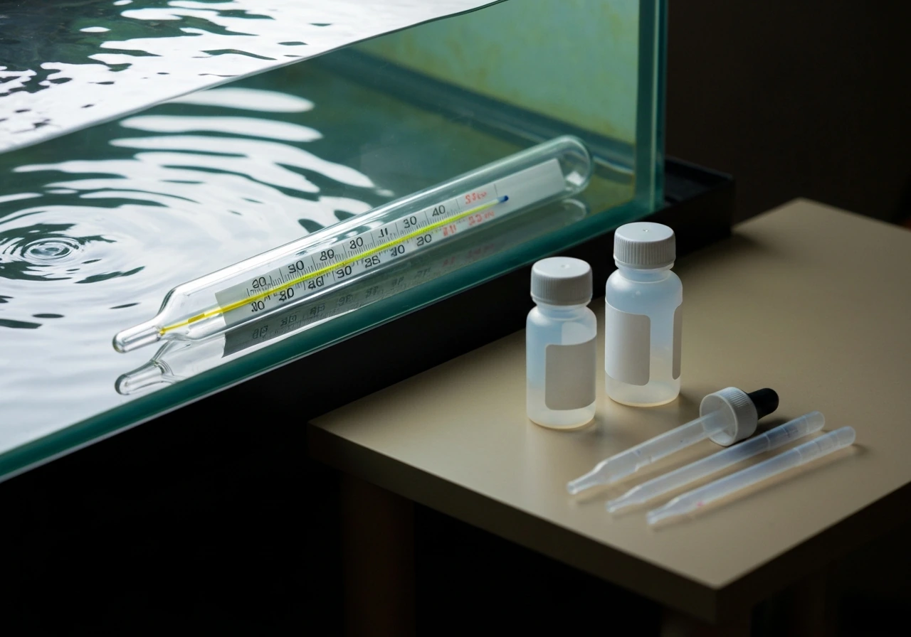 Thermometer and unlabeled water test bottles beside a calm aquarium to suggest stable parameters.