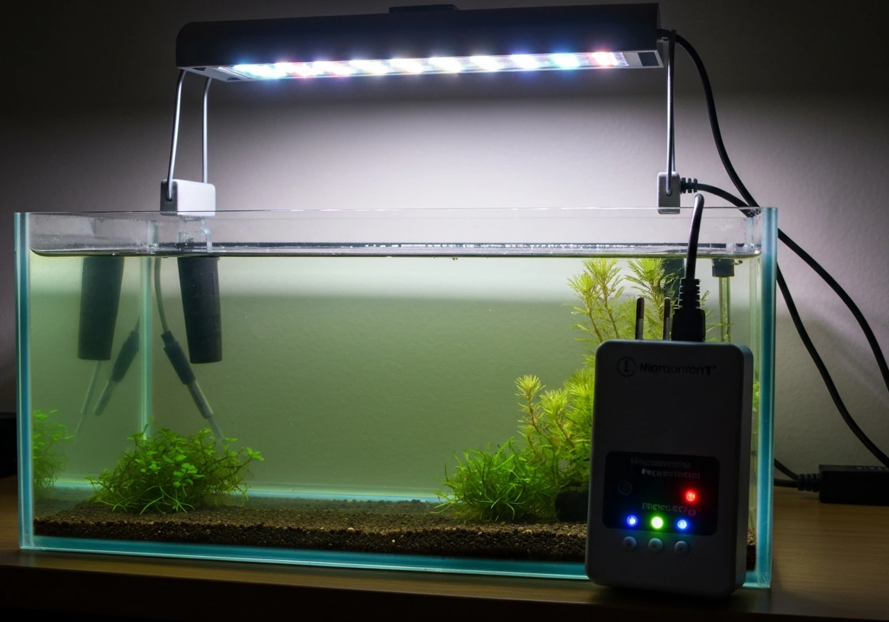 LED aquarium hood light over a low-light plant tank, with a nearby timer/photoperiod controller visible.