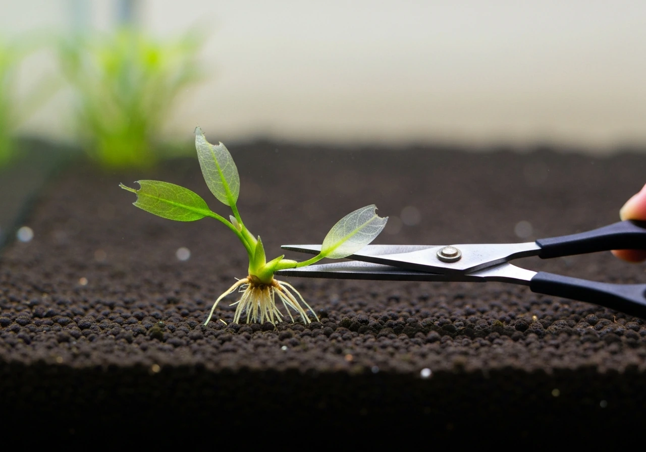 Close-up of scissors removing melted crypt leaves from a planted aquarium, rhizome firm at substrate level.