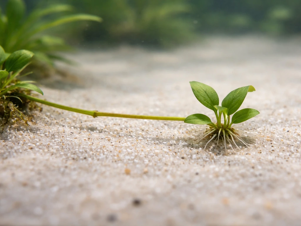 Close-up of aquatic plant runner extending through substrate with a daughter plant and visible roots.