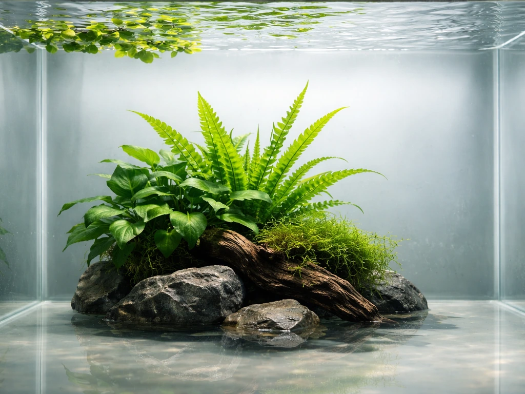 Bare-bottom fish tank with driftwood and rocks hosting Anubias, Java fern, moss, and a few floating plants.
