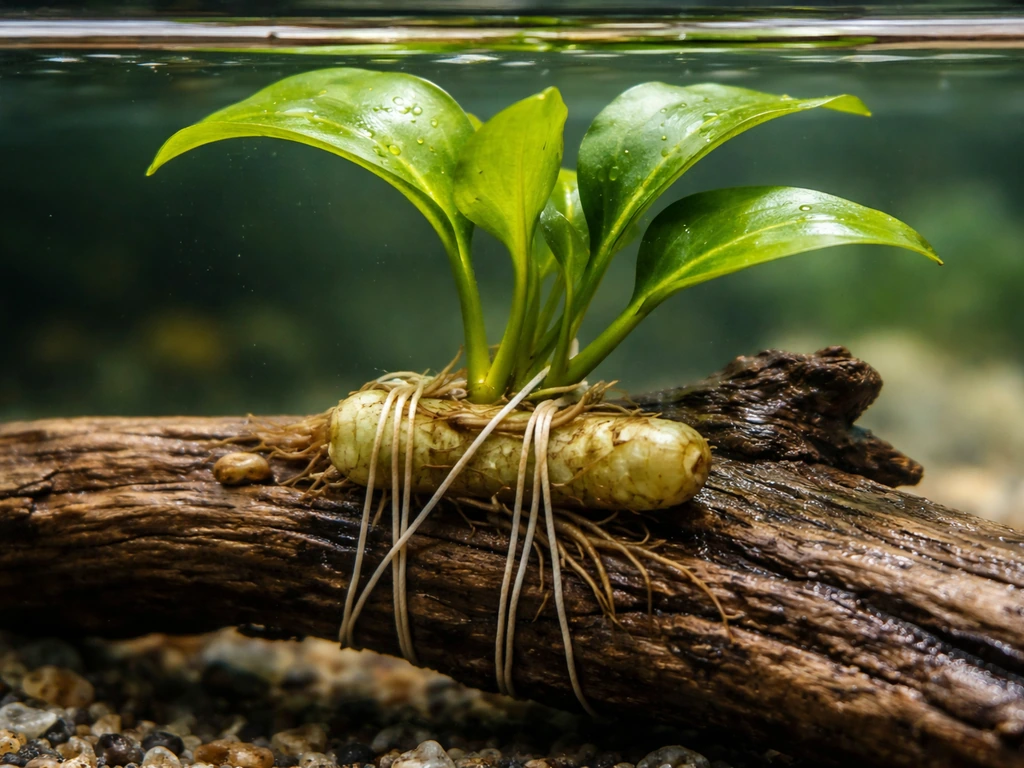 Close-up aquarium scene showing a rhizome plant tied with cotton thread to driftwood, leaves above water substrate-free.