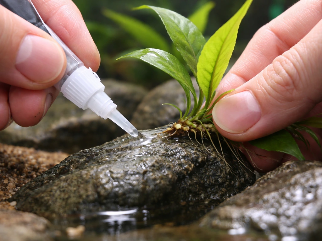 Hands applying gel super glue to a cleaned aquarium rock spot, pressing a plant rhizome into place.