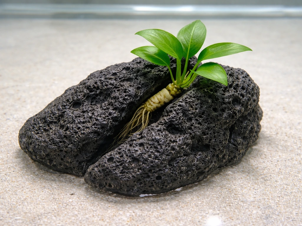 Porous lava rock with a rhizome pressed into a crevice, bare-bottom aquarium visible around it.