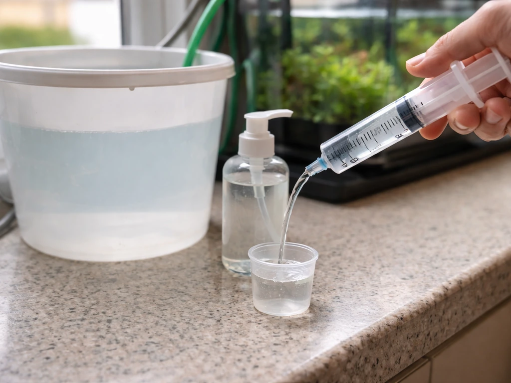 Hand pouring measured liquid fertilizer from syringe into dosing cup next to water-change bucket.