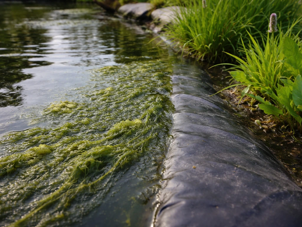 Green algae smeared on a pond liner with clean, healthier plants nearby, showing an imbalance contrast.