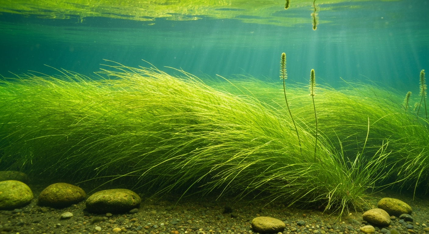 Underwater view of a dense sago pondweed (Stuckenia pectinata) meadow in a clear shallow pond, showing threadlike leaves and emergent flowering spikes.